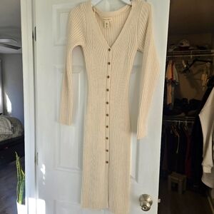 Cream Ribbed Button-Down Dress